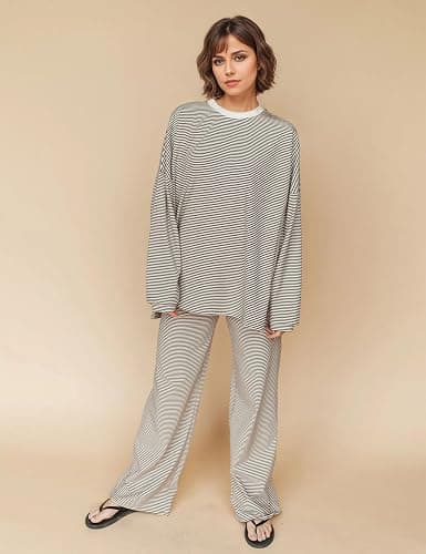 MISSACTIVER Women's 2 Piece Striped Lounge Set Long Sleeve Oversized T-Shirt Wide Leg Pants Matching Pajamas Set - Image 1