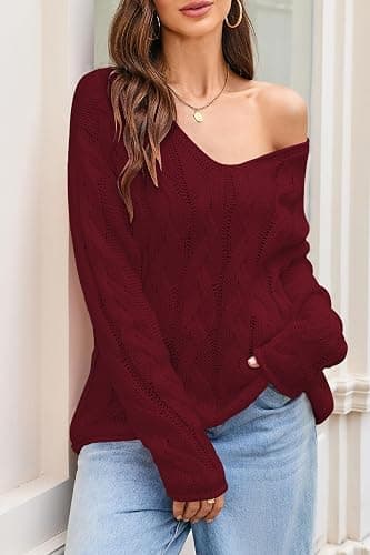 Cakulo Womens Oversized V Neck Off The Shoulder Sweaters Cable Knit Pullover Fall Sweater 2025 thumbnail 5