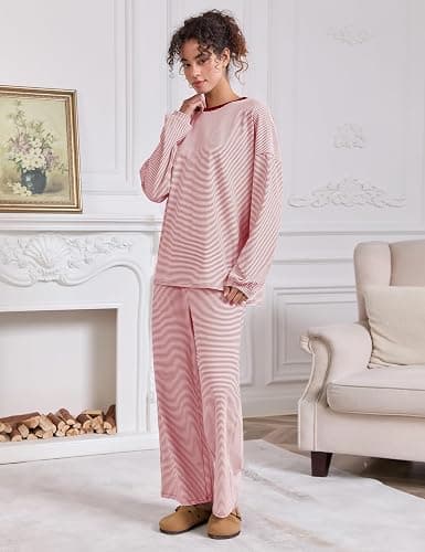 MISSACTIVER Women's 2 Piece Striped Lounge Set Long Sleeve Oversized T-Shirt Wide Leg Pants Matching Pajamas Set thumbnail 6
