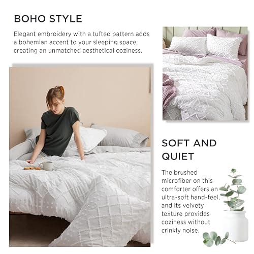 Bedsure Queen Comforter Set - White Comforter, Boho Tufted Shabby Chic Bedding Comforter Set for Kids, 3 Pieces Vintage Farmhouse Bed Set for All Seasons, Fluffy Soft Bedding Set with 2 Pillow Shams thumbnail 5