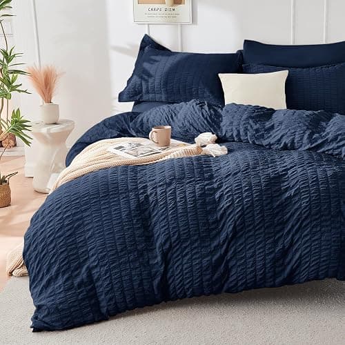 HYMOKEGE Navy Blue Full Size Comforter Sets Seersucker 7 Pieces, All Season Luxury Bed in a Bag for Bedroom, Bedding Set with Comforters, Sheets, Pillowcases & Shams thumbnail 2