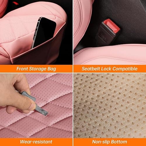 GEZHOUBA Pink Car Seat Covers Full Set, Full Coverage Luxury Leather Car Seat Protector Universal Fit for Most Cars SUVs Pick-up Trucks, Pink Seat Covers Car Interior Accessories for Women thumbnail 5
