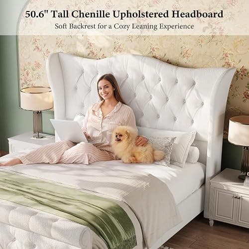 Queen Size Bed Frame-Upholstered Platform Chenille Sleigh Bed-51 inch Scroll Wingback Tall Headboard Footboard-Deep Button Tufted-Easily Assemble-Wood Slats Support-No Box Spring Required-Cream thumbnail 3