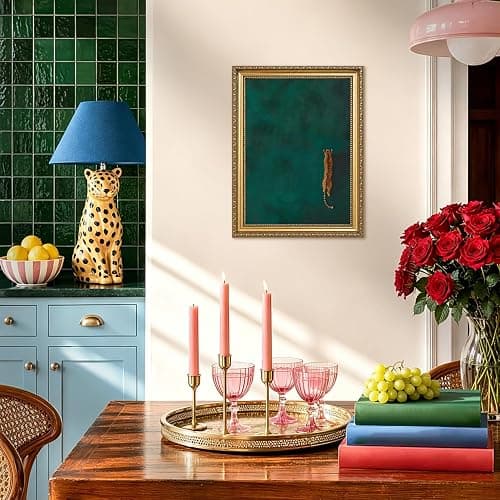Vintage Gold Framed Cheetah Wall Art, Emerald Green leopard Pictures Wall Decor, Eclectic Wildlife Animal Paintings Canvas Prints Minimalist Home Decor for Living Room Bedroom Office Dorm 12x16 inch thumbnail 7