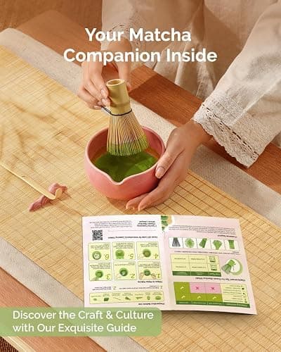 Maestri House Pink Matcha Whisk Set, 7-Pc Complete Matcha Kit with Spouted Ceramic Bowl, Bamboo Whisk and Holder, Scoop, Spoon Rest & Sifter, Tea Cloth – Ideal Gift for Matcha Lovers (Pink) thumbnail 4
