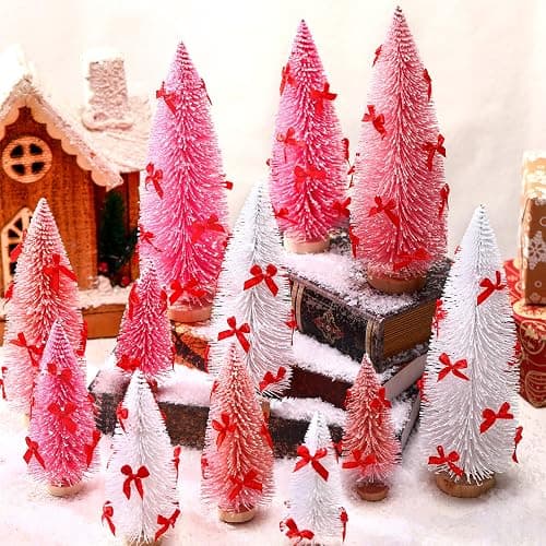Soaoo 12 Pack Bottle Brush Christmas Trees with Bow 5 6 8 10 Inches Artificial Christmas Tree Decorations with Wood Base for Winter Snow Miniature Scene Tabletop Decor(White, Pink, Dark Pink) thumbnail 2