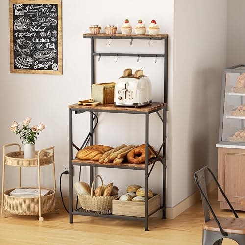Korfile Kitchen Bakers Rack with Power Outlet, Small Coffee Bar Cart 4 Tiers, Microwave Stand Station with 8 S Hooks, Adjustable Shelf, Freestanding Kitchen Appliance Organizer, Rustic Brown thumbnail 5