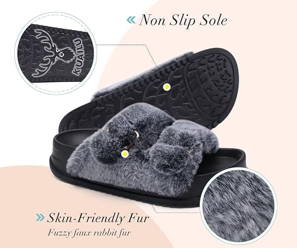 KuaiLu Women's Fluff Slippers Plantar Fasciitis Arch Support Platform Slippers Ladies Fashion Open Toe Faux Fur Sliders Womens House Slipper Size 6-12 thumbnail 6