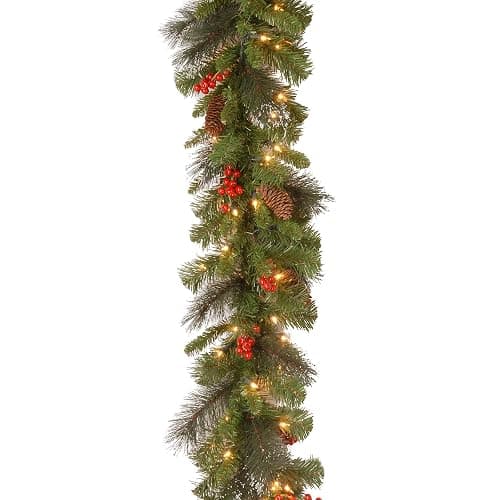 National Tree Company 9 ft Pre-Lit Crestwood Spruce Artificial Christmas Garland, Christmas Decoration with Glitter, Pinecones, Red Berries, 50 Clear Lights, 180 Tips, Green thumbnail 5
