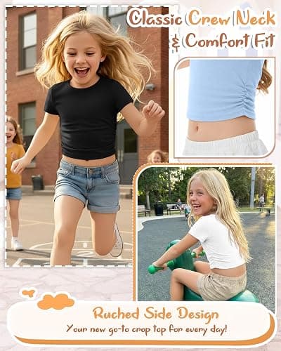YooAurvox 3 Pack Girls Crop Tops 5-16y Short Sleeve T-Shirts Tween Girl Slim Crew Neck Ruched Casual Trendy Summer Shirts thumbnail 2