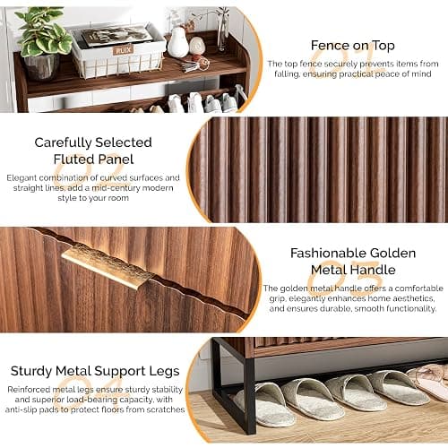 VINGLI Fluted Shoe Cabinet Storage for Entryway,Hidden Shoes Storage Cabinet with 2 Flip Drawers, Mid Century Modern Shoe Rack Organizer,Free Standing Shoes Organizer for Hallway(Dark Walnut) thumbnail 4