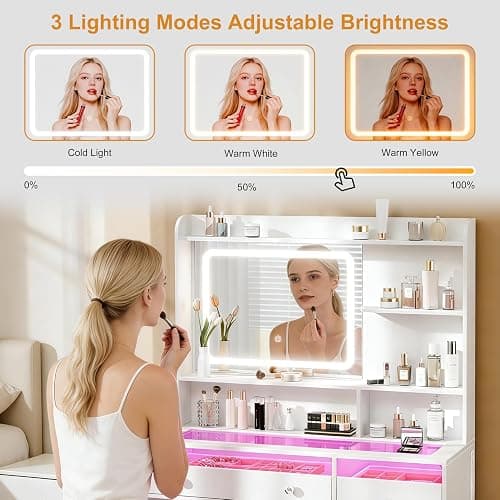 Korfile Vanity Desk, Makeup Vanity Desk with Mirror and Lights 3 Colors, Transparent Top with 2 RGB Drawers, 3 Shelves, 1 Large Tempered Cabinets, Power Outlet for Bedroom, White thumbnail 5