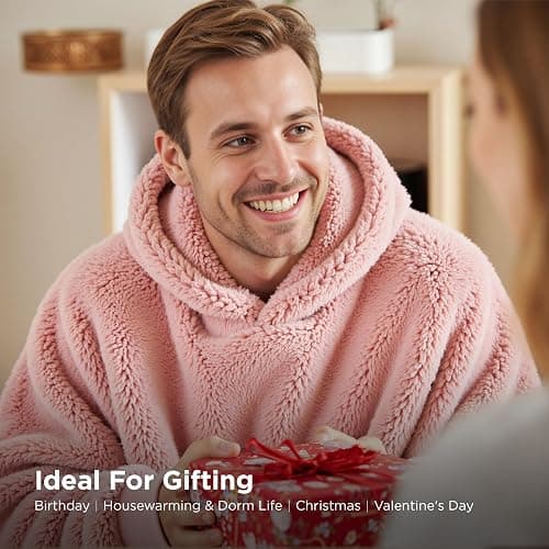 Bedsure Wearable Blanket Hoodie Gifts for Women - Cozy Sherpa Hoodie Blanket for Adult Men, Warm Hooded Blanket Sweatshirt, Pink, Standard thumbnail 3