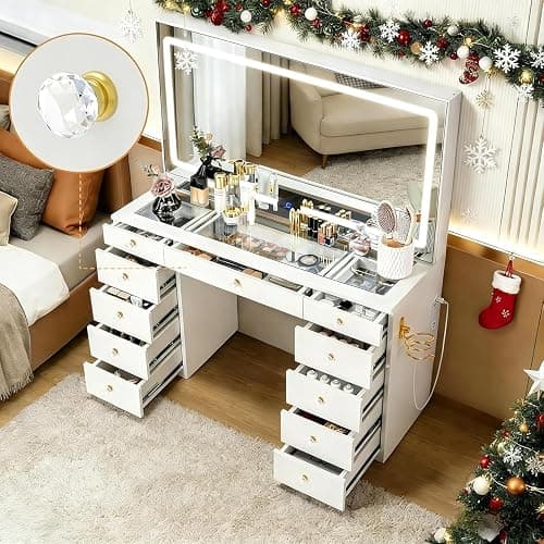 Fkhouse 11 Drawers Glass Top Vanity Desk, Crystal Handles Makeup Vanity with Mirror and Lights, Dressing Table with Power Outlet, Adjustable Lighting Modes, White - Image 1