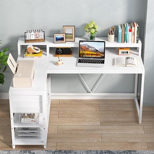 Tribesigns 55-inches Reversible L Shaped Desk with Drawer, Modern White L Corner Desk Home Office Table with Storage Shelves and Monitor Stand, Wooden and Metal PC Desk for Small Space thumbnail 8