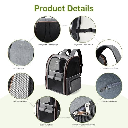 Lekebobor Large Cat Backpack Carrier Expandable Pet Carrier Backpack for Small Dogs Medium Cats Fit Up to 18 Lbs, Dog Backpack Carrier, Foldable Puppy Backpack Carrier for Travel, Hiking,Grey thumbnail 9