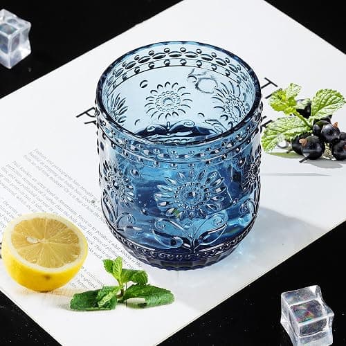 Joeyan Trinkgläser Set Bunte, 4 teiliges 360 ml Hochwertige Gläser Set für 4 Personen, Farbig Wassergläser Spülmaschinenfest, Saftgläser, Modernes Blume Embossed Design für Picknicks, Camping, Partys thumbnail 2