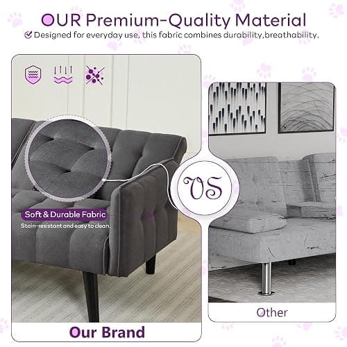 TYBOATLE 65“ Convertible Futon Sofa Bed w/ 2 USB, Upholstered Tufted Small Adjustable Folding Couch Loveseat, Modern Mid Century Sleeper Sofa for Living Room, Bedroom, Apartment, Office (Dark Grey) - Dark Grey thumbnail 7