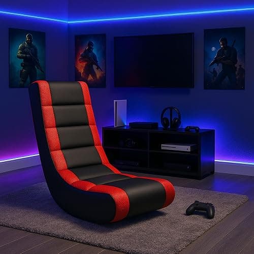 The Crew Furniture Classic Video Rocker Floor Gaming Chair, Kids and Teens, Racing Stripe PU Faux Leather & Polyester Mesh, Black/Red thumbnail 2