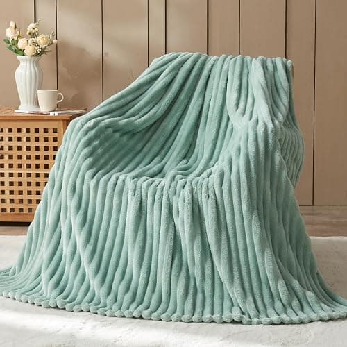 NEWCOSPLAY Super Soft Throw Blanket New Sage Green Premium Silky Flannel Fleece 3D Ribbed Jacquard Lightweight Bed Blanket All Season Use (New Sage Green Ribbed, Throw(50"x60")) - Image 1