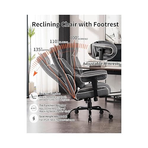 Efomao Fabric Office Chair, Big and Tall Office Chair 400 lb Weight Capacity, High Back Executive Office Chair with Foot Rest, Ergonomic Office Chair for Back Pain Relief, Gray thumbnail 4