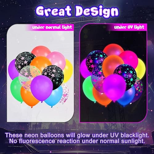 LovesTown 66PCS UV Neon Balloons Assorted, Glow Party Latex Balloons 12" Fluorescent Balloons with Stars for Birthday Wedding Glow Party Supplies thumbnail 4