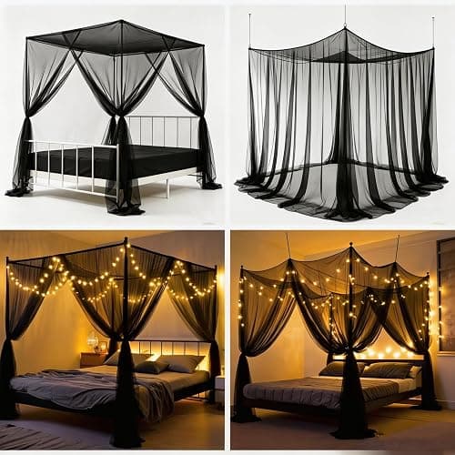 Anmas Home Mosquito Net Bed Canopy with 66ft LED Star String Lights, Black Netting Four Corner Post Curtains Elegant Mosquito Net thumbnail 5
