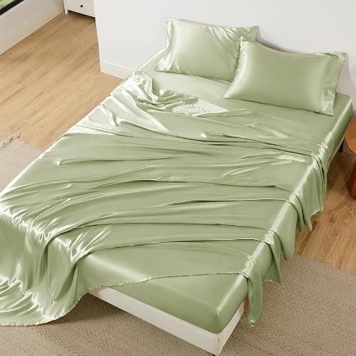 Bedsure Satin Sheets Queen Size - 4 Piece Silky Bedsheets with 15 Inches Deep Pocket Fitted Bedsheet,1 Flat Sheet, 2 Satin Pillowcases, Good for Hair & Skin (Queen, Sage Green) thumbnail 9