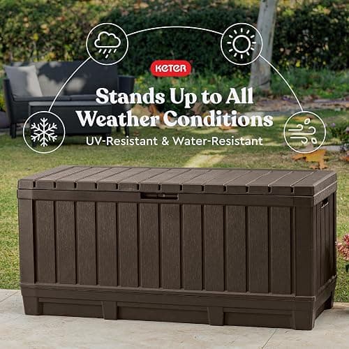 Keter Kentwood 92 Gallon Resin Deck Box-Organization and Storage for Patio Furniture Outdoor Cushions, Throw Pillows, Garden Tools and Pool Floats, Brown thumbnail 5