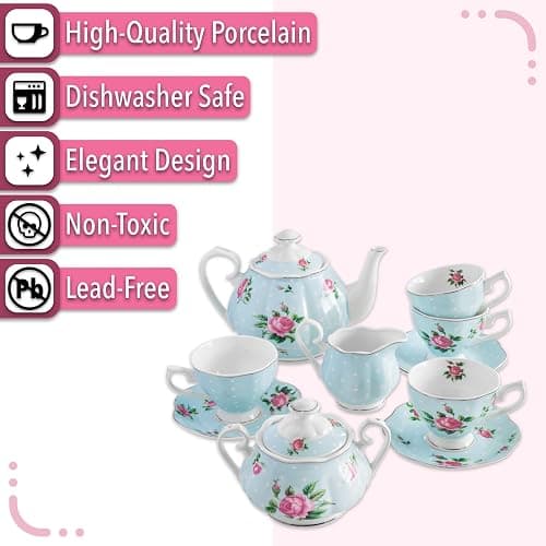 BTaT- Floral Tea Sets for Adults, 13 pcs, Service for 4, Pot (38 oz) & Cups (8 oz) with Saucers, Pastel Blue Floral Design, Porcelain Tea Set for Adult, Dishwasher Safe, Mothers Day Gift thumbnail 5