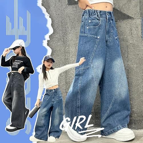 Little Girls Cargo Jeans Teen Baggy Straight Wide Leg Denim Pants High Waist Casual Streetwear Kids Y2k Trousers with Pockets thumbnail 2