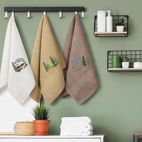 Hillsuren 3 Pcs Mountain Hand Towels Farmhouse Decorative Bathroom Towels Set 13.3 x 29.5'' Rustic Pine Trees Country Cabin Lake House Forest Embroidered 100% Cotton for Home Bathroom Kitchen Decor thumbnail 4