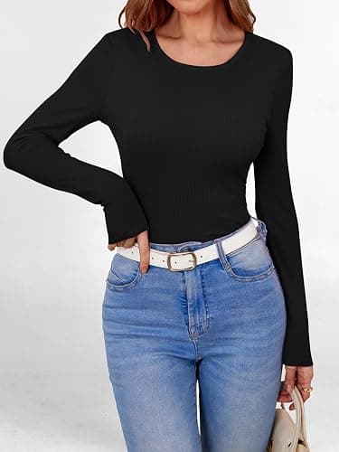 ANRABESS Women Long Sleeve Shirts Built-in Bra Crewneck Rib Knit Slim Fit Basic Tee Tops 2025 Fall Casual T-Shirt Base Layer thumbnail 7