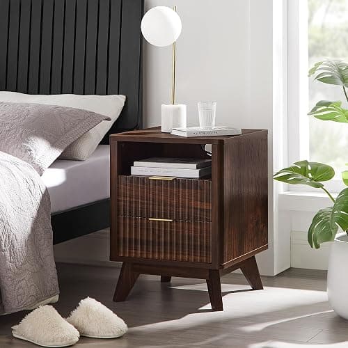 T4TREAM Fluted Nightstand with Charging Station, 18" Modern Side Table, 2 Drawers End Table with Storage, Bedside Table for Bedroom, Living Room, Curved Profile Design, Dark Walnut thumbnail 3