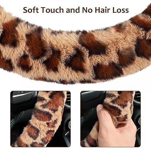 Accmor Fuzzy Car Steering Wheel Cover, Universal Fit Fur Auto Wheel Cover & Handbrake Cover & Gear Shift Cover Set, Leopard Warm Fluffy Vehicle Wheel Protector Car Accessories for Men Women (Brown) thumbnail 4
