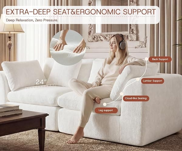 GRUSIGN 79'' Oversized Boneless Cloud Loveseat for Living Room, Modern Big Sectional Compressed 2 Seater Couch with 2 Throw Pillows, Comfy Chenille Deep Seat Foam Spineless 2 Person Couch, Beige thumbnail 4