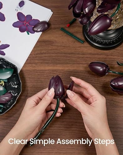 SupreOwls Dark Purple Tulip Flowers Building Set Botanical Bouquet for Her | Artificial Plant Collection Building Kit, Home Room Table Decor Block Toy, Birthday Gift for Adult Women Mother Girlfriend thumbnail 6