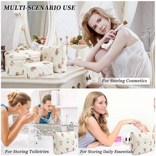 YINGJEE Large Quilted Makeup Bag for Women and Girls, Cute Coquette Floral Cotton Cosmetic Bag, Aesthetic Travel Organized Toiletry Bags (06-beige bears) thumbnail 4