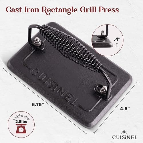 Cuisinel Cast Iron Grill Pan + Rectangular Cast Iron Grill Press + Tempered Glass Lid + Pan Scraper – Pre-Seasoned Ribbed Skillet – 10.5"-Inch Square Grilling Indoor/Outdoor Camping Fire BBQ Cookware thumbnail 3