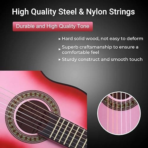 ADM Beginner Acoustic Classical Guitar 30 Inch Nylon Strings Wooden Guitar Bundle Kit for Kid Boy Girl Student Youth Guitarra Online Lessons with Gig Bag, Strap, Tuner, Extra Strings, Picks,Pink 1 - 30 Inch - Hot Pink thumbnail 5