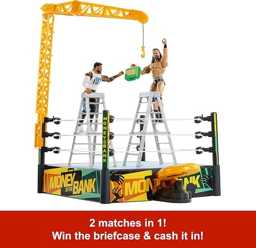 Mattel WWE Money in The Bank Cash-in Ring Playset with 2 Play Modes & 40+ Sounds & Phrases, Includes Launcher Crane, Ladders & Briefcase, 13-Inch x 20-Inch thumbnail 3