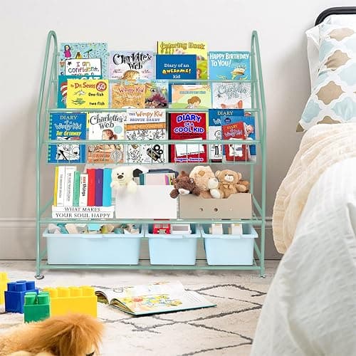 aboxoo Metal Kids Bookshelf Green Freestanding for Children Room 32 in Toy Organizer Book Unit Storage Large Green Stable Bookcase Bookstore Living Room Bed Room Library thumbnail 9