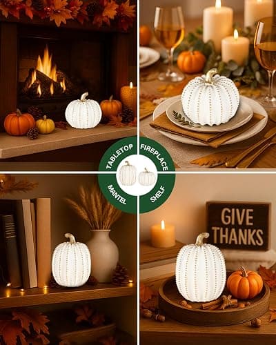 GoGnome Set of 2 White & Gold Decorative Pumpkins – Resin Fall Harvest Table Centerpiece, Elegant Autumn Décor for Thanksgiving Decoration Farmhouse Home (White) thumbnail 5