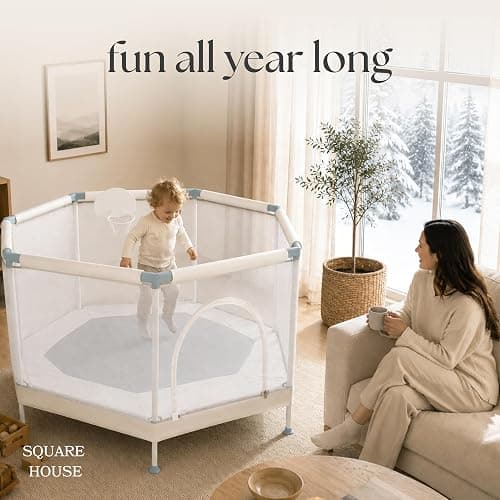 Square House Kids Trampoline, Aesthetic Indoor and Outdoor Toddler Trampoline with Safety Net, Basketball Hoop, 220lb Capacity, Ultra Safe No-Gap Design, Gifts for Boys & Girls thumbnail 7