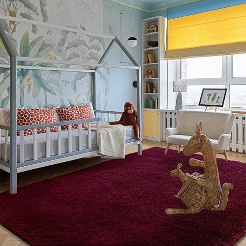 XSIVOD Plush Fluffy Non-slip Shaggy Rugs Living Room, 140x200cm, Wine Red | Non-slip soft area rug, plush bedroom carpet. Ideal for dorm, teen room, playroom, study, office, Modern indoor furry decor. thumbnail 6
