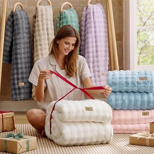 Bedsure 3D Fleece Bubble Blanket for Couch - GentleSoft Blue Throw Blanket for Sofa Bed Room Decor - Luxury Soft Cozy Gifts for Women Girls, Lightweight, All Seasons, Light Blue, 50"×60" thumbnail 7