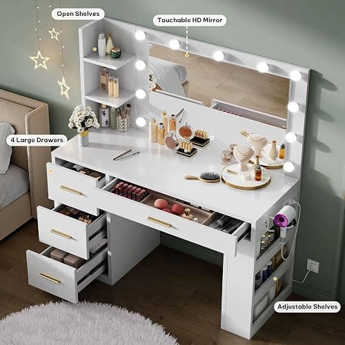 DWVO Makeup Vanity Desk with Mirror & Lights, 40inch Vanity Table with Power Outlets, 4 Drawers & 6 Open Storage Shelves, 3 Color Modes & Adjustable Brightness Dressing Table for Bedroom, White thumbnail 4