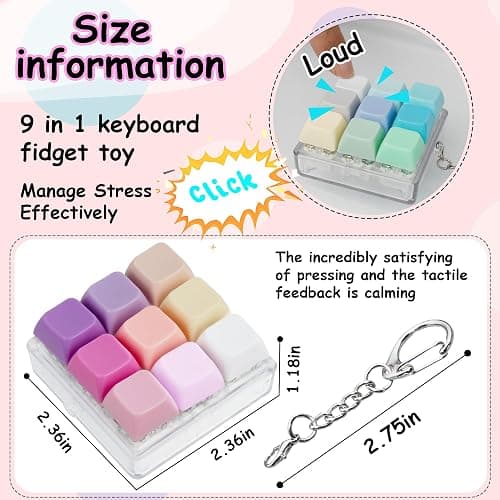 2 Pack 9 in 1 Keyboard Fidget Toy, Keyboard Fidget Keychain Anti-stressKeyboard Decompression Button Finger Clicker Toys Stress Relief Fidget Gifts (Mix Blue Pink) thumbnail 3