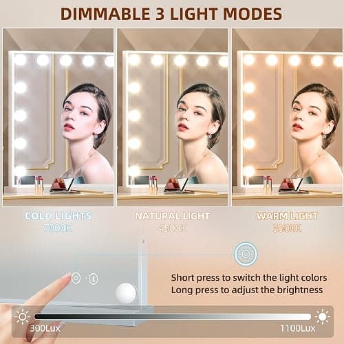 FENCHILIN Vanity Mirror with Lights and Bluetooth Speaker 22.8"x 18.1" Makeup Mirror Lighted Hollywood Mirror with 15 Dimmable LED Bulbs USB Charge Port, 3 Color Lighting Modes thumbnail 3
