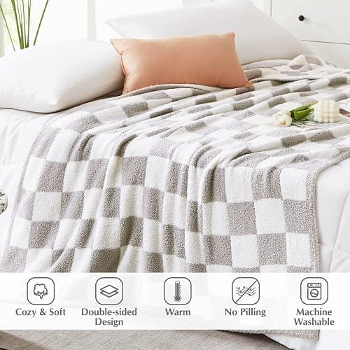 WRENSONGE Soft Checkered Throw Blanket for Couch-Cozy Warm Knitted Blankets | Lightweight Warm Fluffy Decor for Women, Mom, Her & Girls, Sofa, Chair, Bed, 50x70in,Light Grey thumbnail 4